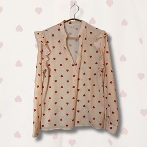 ✨ Romantic Ruffle Heart Print Long Sleeve Blouse - Cream & Red ❤️